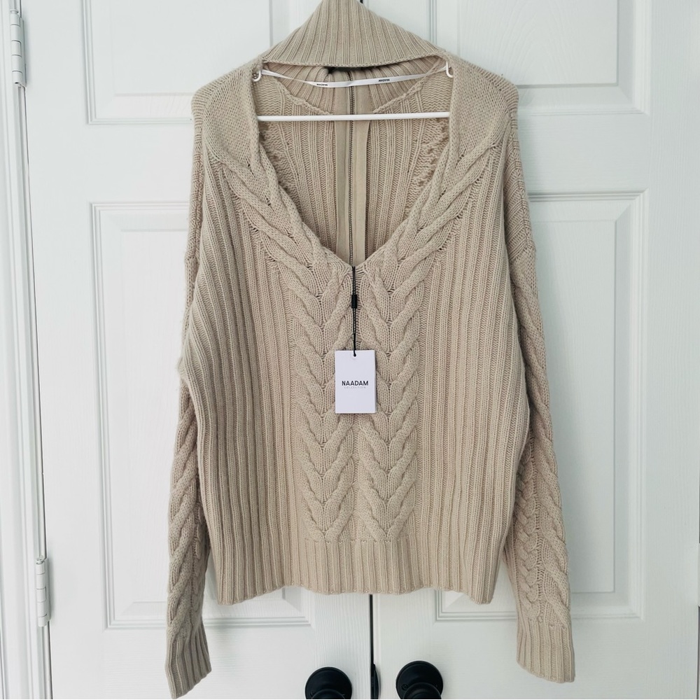 SOLD NAADAM Wool-Cashmere Open-Back Cable Quarter-Zip Taupe Linen Sweater NEW - Picture 6 of 10